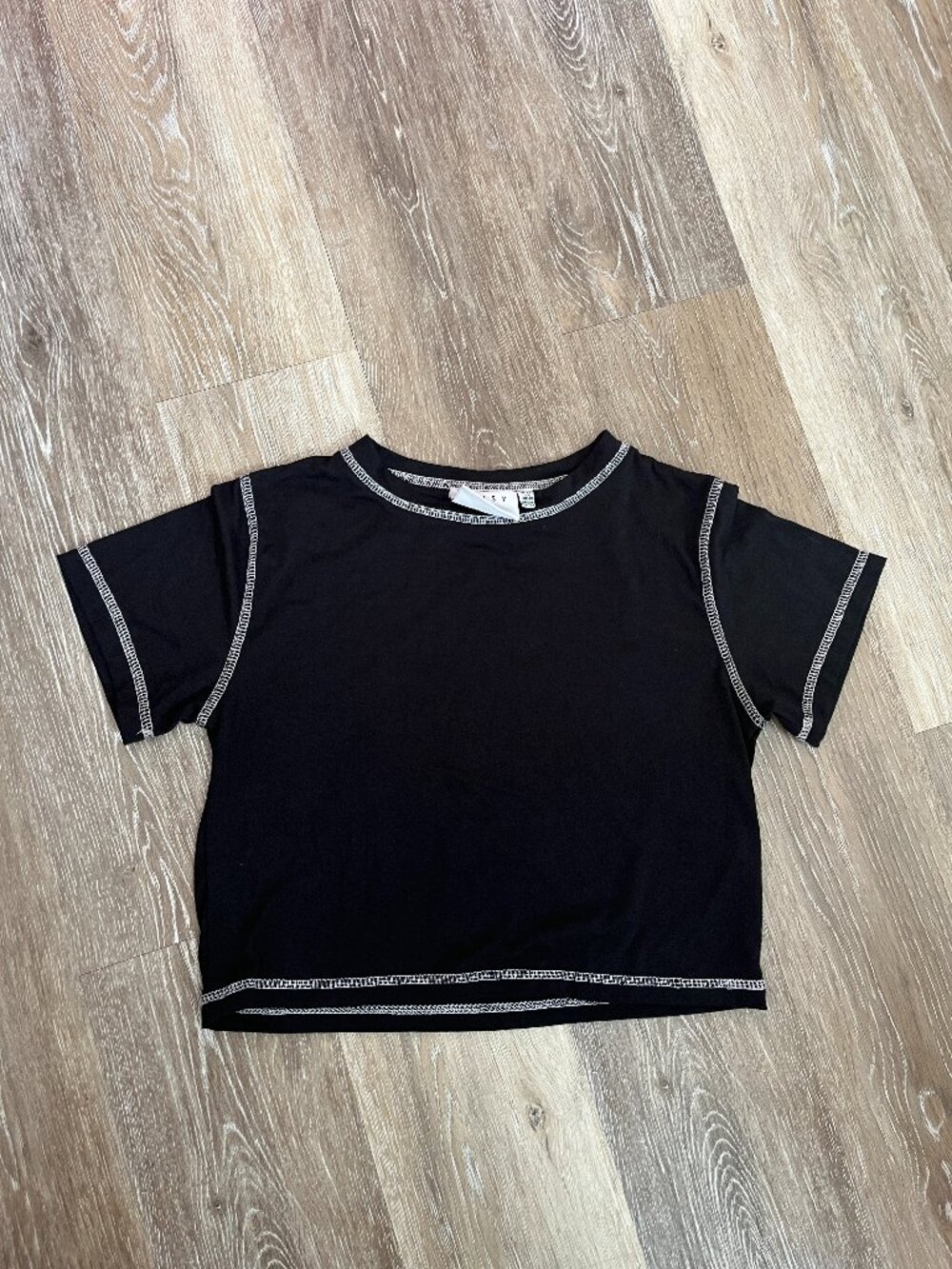 Black Cropped Fitted T-Shirt with White Trim